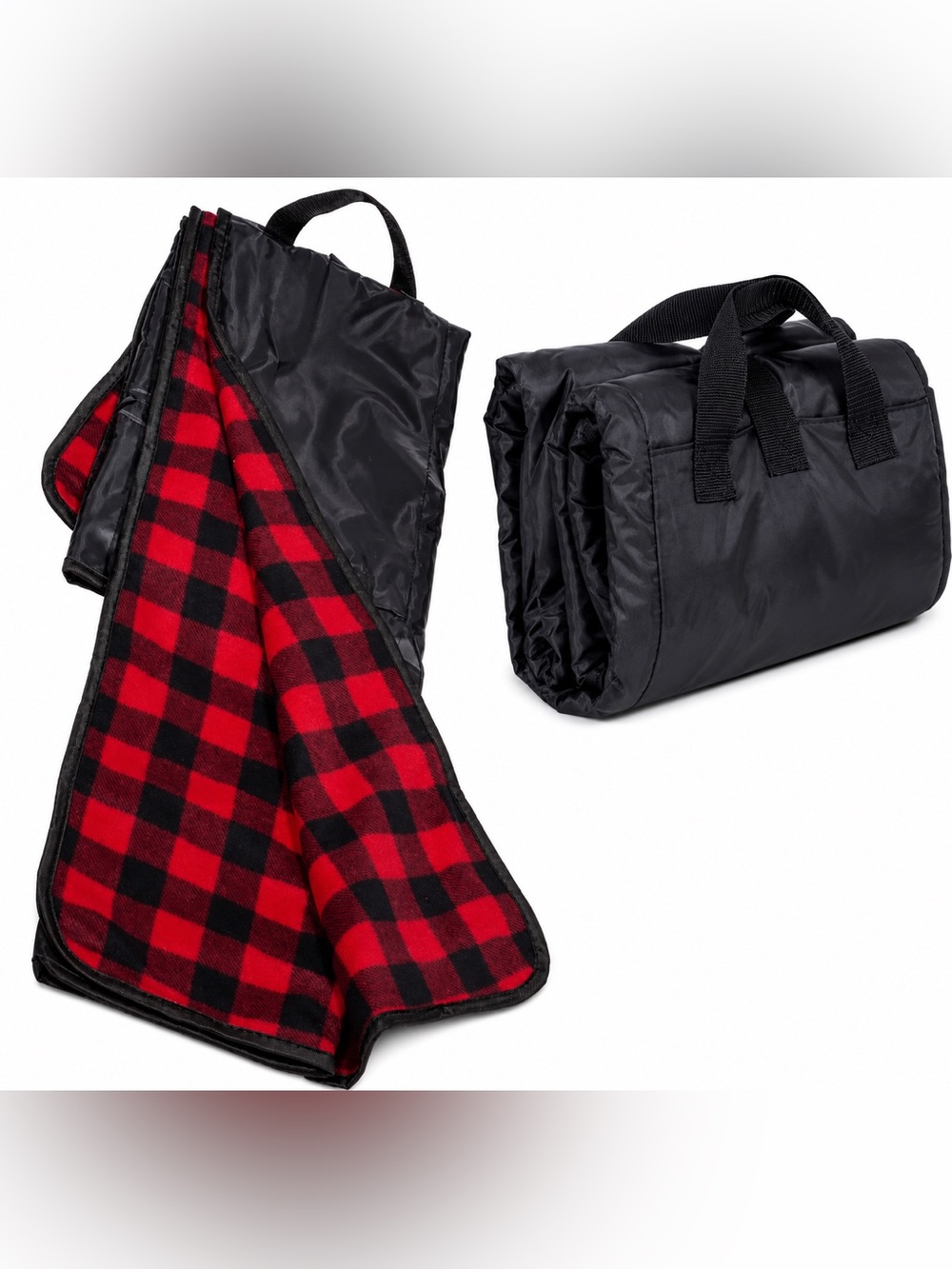 Red Black Buffalo Plaid Fold-Up Picnic Outdoor Blanket w/Carry Straps NWOTs